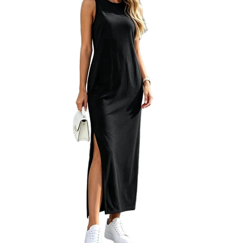 ZARA Basic Round Neck Sleeveless Tank Maxi Dress Side Slits Loose Drape Casual